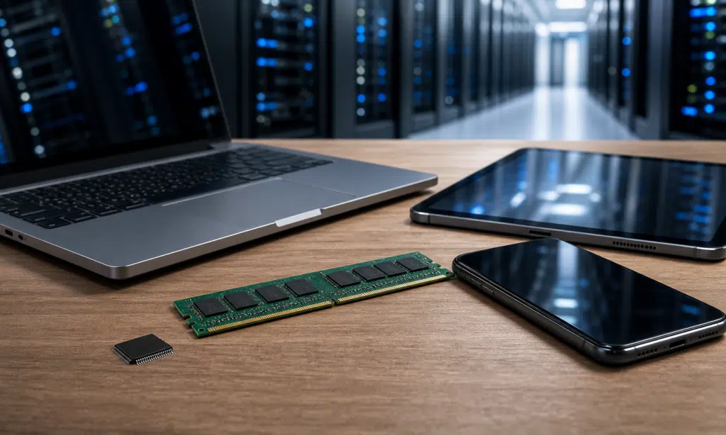 Hero visual representing Why AI Could Make Your Next Phone or Laptop More Expensive, focused on AI memory chip costs