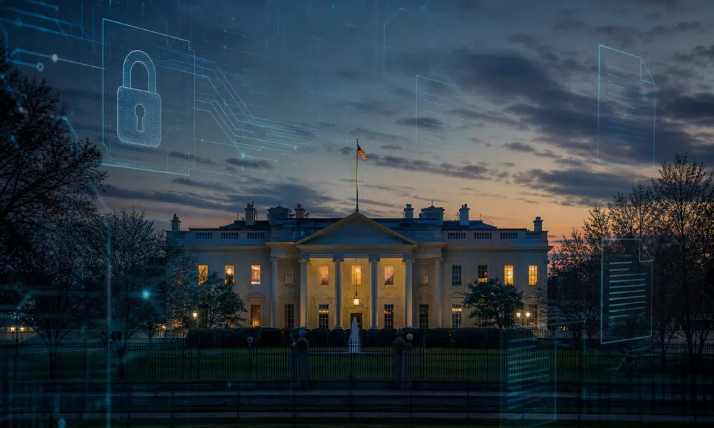 Review hero visual for Trump Puts AI Security Order on Hold Over Pre-Launch Review Language, focused on AI security executive order