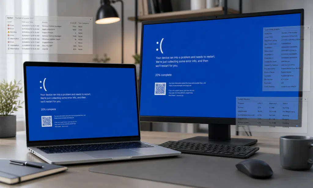 Hero visual representing Dell users report BSOD reboot loops tied to SupportAssist, not Windows 11, focused on Dell SupportAssist BSOD