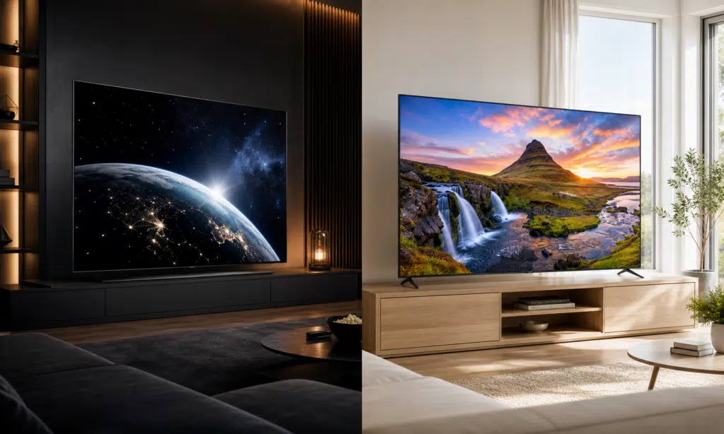 Hero visual representing LG C6 vs Hisense UR9: OLED refinement or RGB LED brightness?