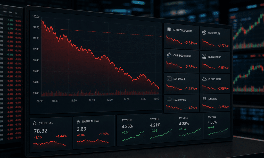 Hero visual representing Nasdaq Slides Again as Tech Pullback Hits Micron, Seagate and AI Stocks, focused on Nasdaq tech pullback
