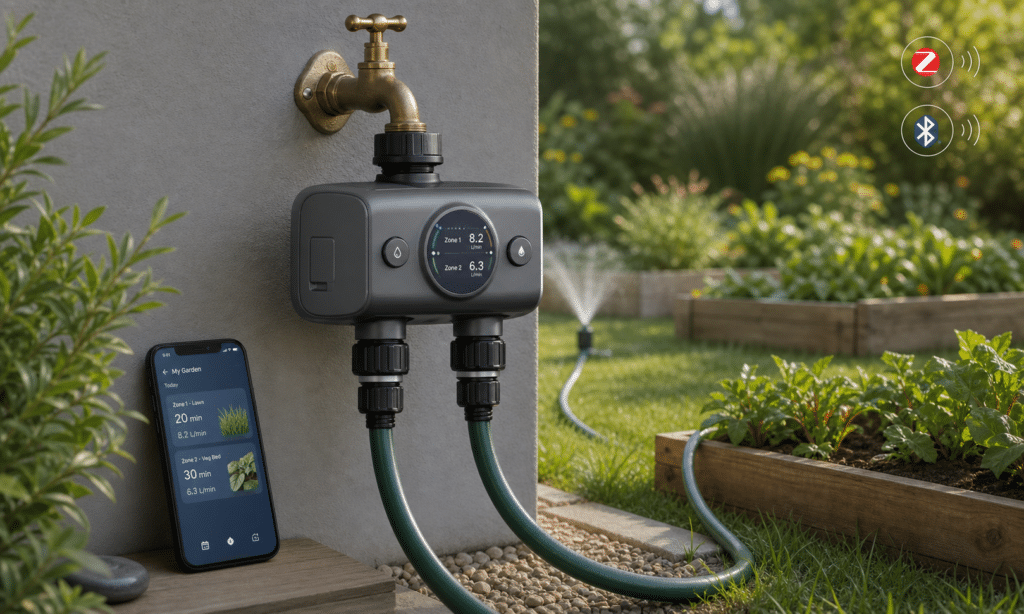 Hero visual representing SONOFF Hydro DUO Adds Two-Zone Smart Watering With Zigbee, BLE, and Flow Tracking