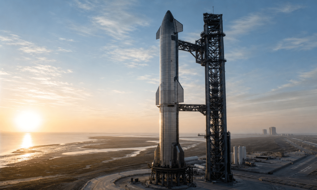Hero visual representing SpaceX Stacks Starship V3 as the Next Test Flight Nears, focused on SpaceX Starship V3