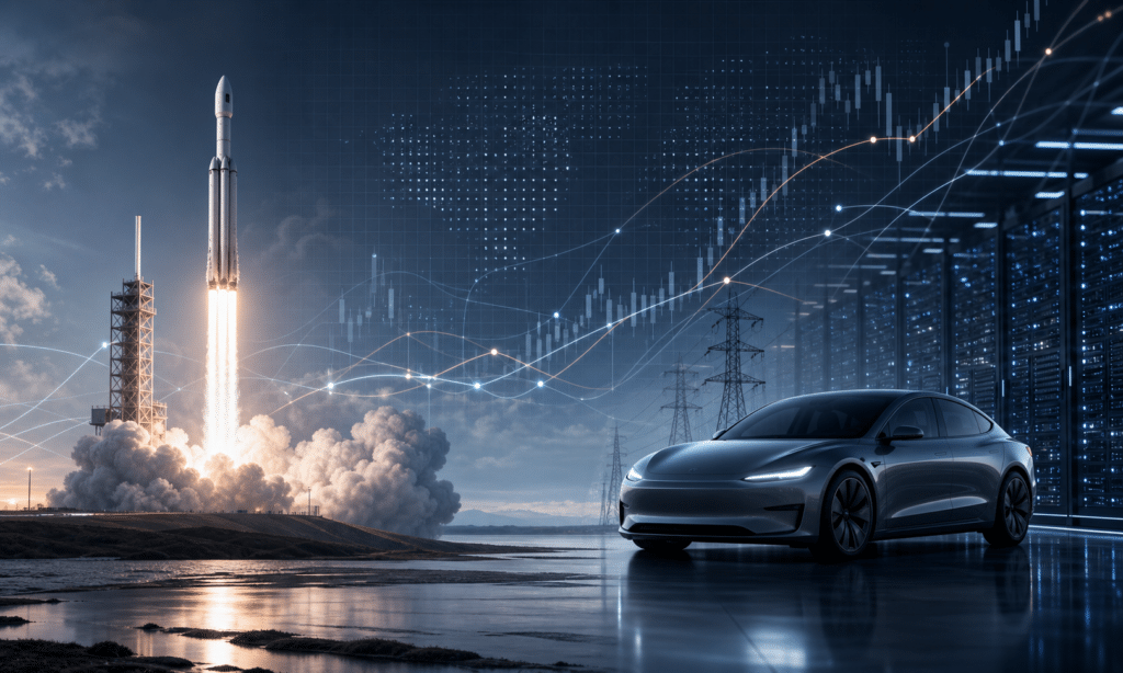 Hero visual representing SpaceX-Tesla Merger Talk Builds as Musk Readies SpaceX for Nasdaq, focused on SpaceX Tesla merger