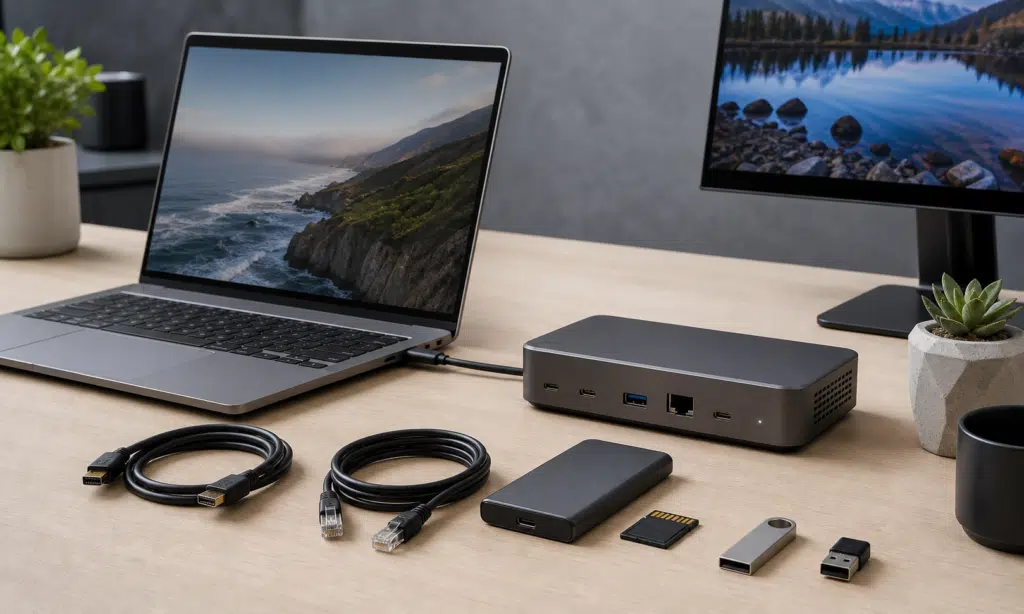 Hero visual representing Thunderbolt 5 Dock Comparison: CalDigit, Razer, Hyper, Ivanky, and WAVLINK Tested, focused on Thunderbolt 5 docks