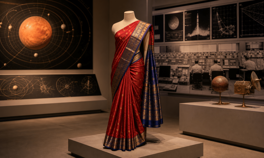 Hero visual representing Nandini Harinath’s Mars Mission Sari and Its Smithsonian Story, focused on Nandini Harinath Mars mission sari