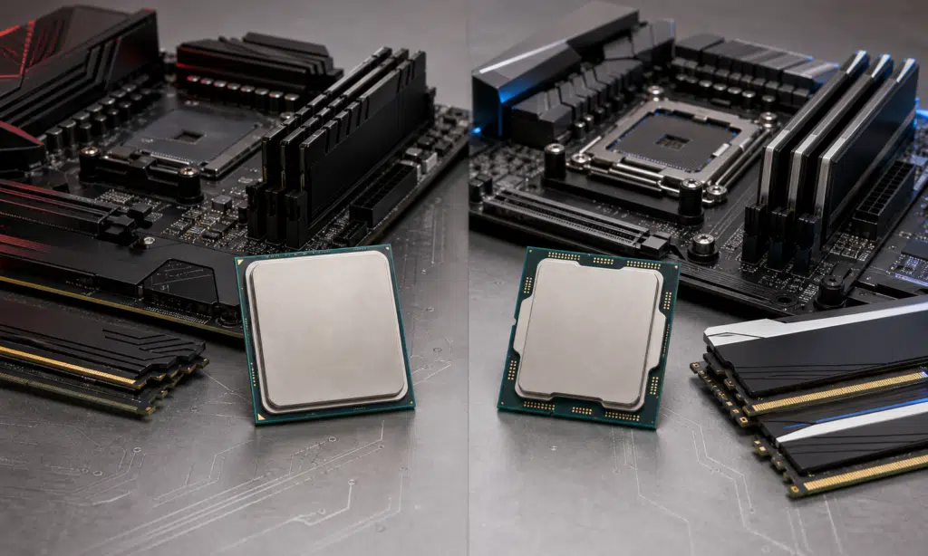 Hero visual representing AMD Ryzen 7 5800X3D vs Intel Core i7-14700K: The DDR4 Upgrade Question, focused on Ryzen 7 5800X3D vs Core i7-14700K