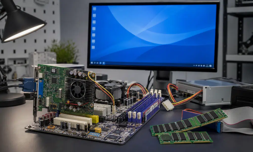 Hero visual representing Windows 11 on DDR1 Hardware Is Possible, but It Is Not a Practical Upgrade Path