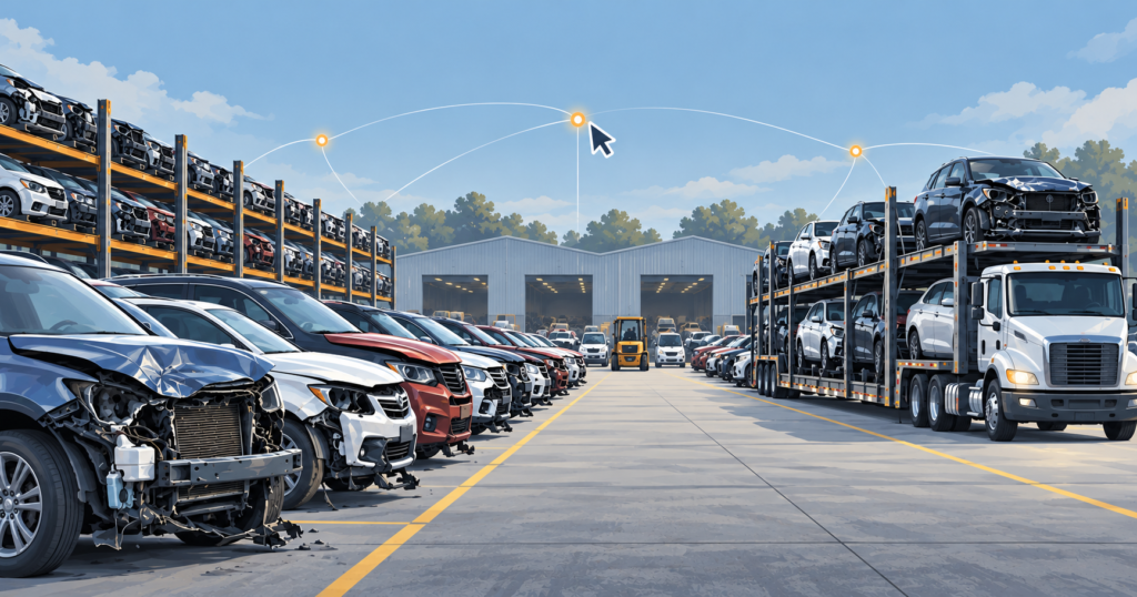 Hero visual representing Copart's move from salvage yards to online auto auctions, focused on Copart online auctions