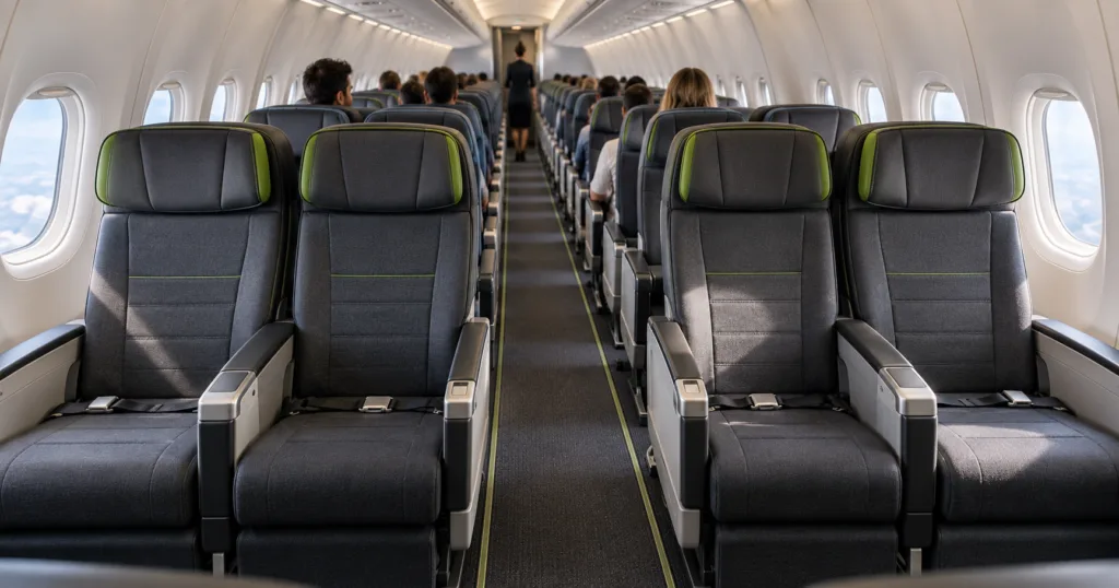 Hero visual representing Frontier says UpFront Plus flyers may get first-class seats, focused on Frontier first-class seats