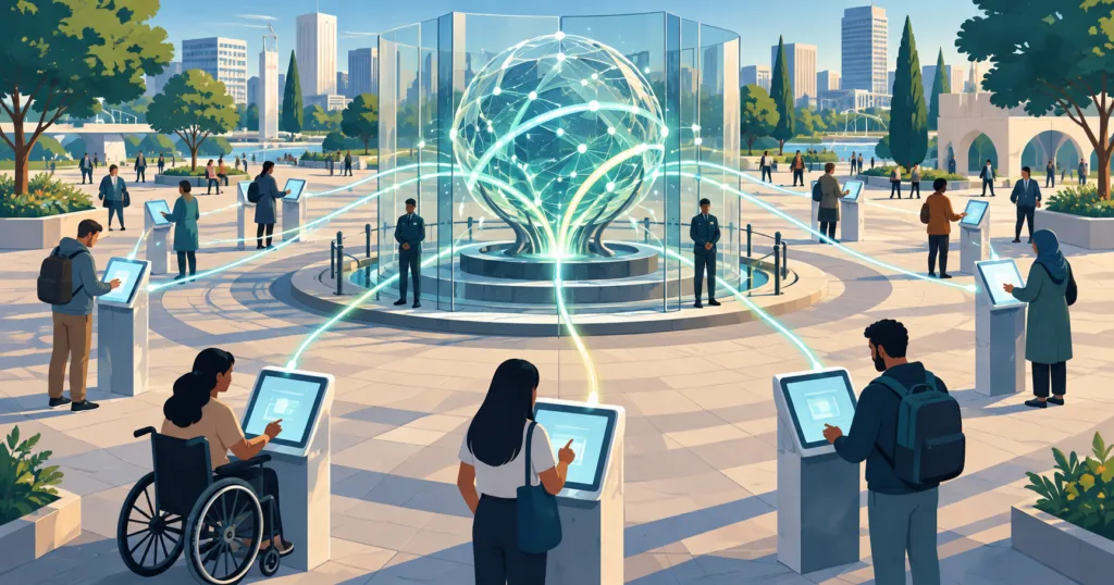 Hero visual representing Sam Altman backs public AI access, draws line at loss of control, focused on Sam Altman AI safety
