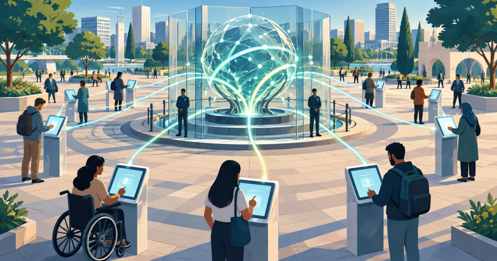 Hero visual representing Sam Altman backs public AI access, draws line at loss of control, focused on Sam Altman AI safety