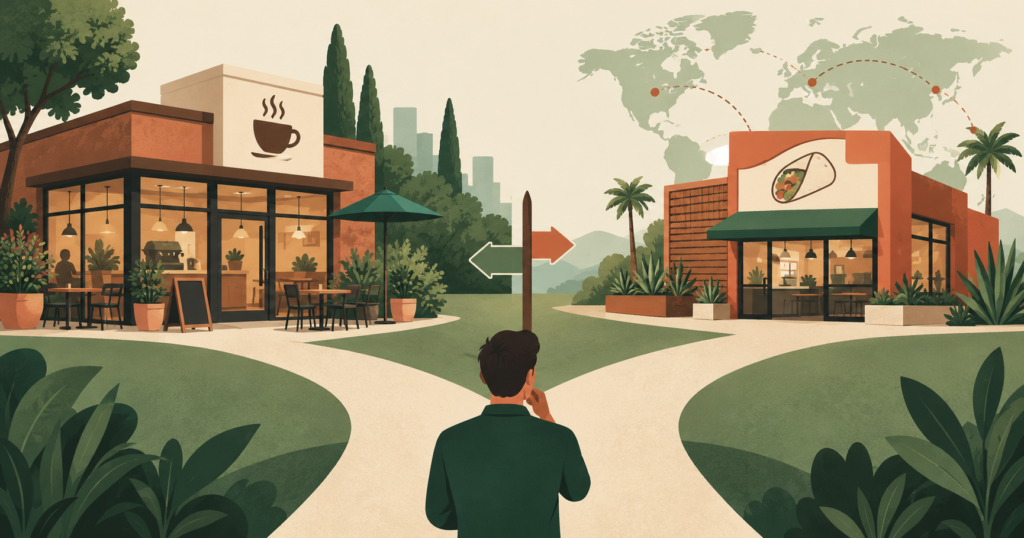 Hero visual representing Starbucks and Chipotle: Weighing a Hypothetical Takeover, focused on Starbucks buying Chipotle