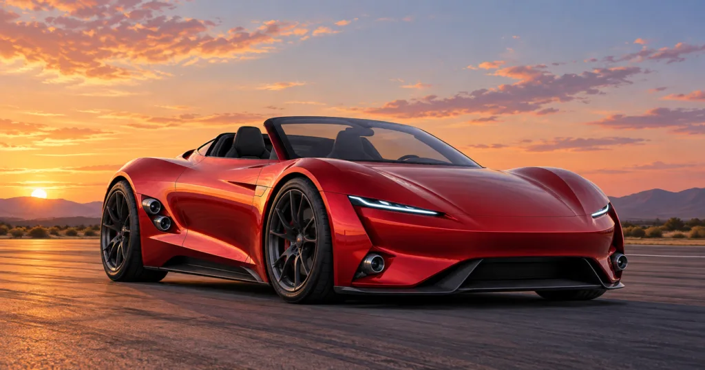 Hero visual representing Tesla targets 2028 for thruster-equipped Roadster, TechCrunch reports, focused on Tesla Roadster