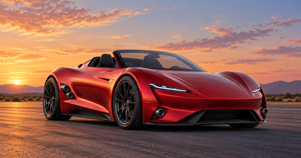 Hero visual representing Tesla targets 2028 for thruster-equipped Roadster, TechCrunch reports, focused on Tesla Roadster
